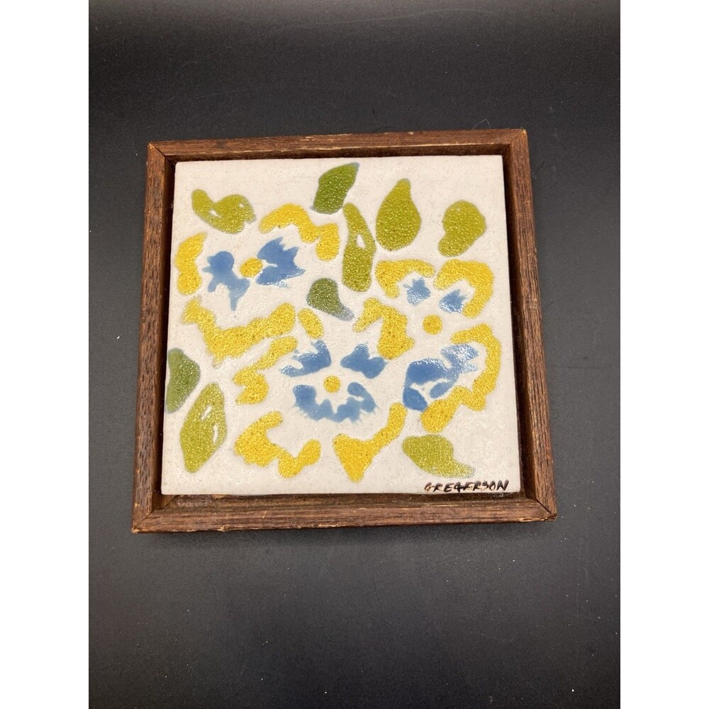Vintage Gregerson Mexican Tile Trivet 5.5” Square Art Wood Frame Dal-Tile Signed